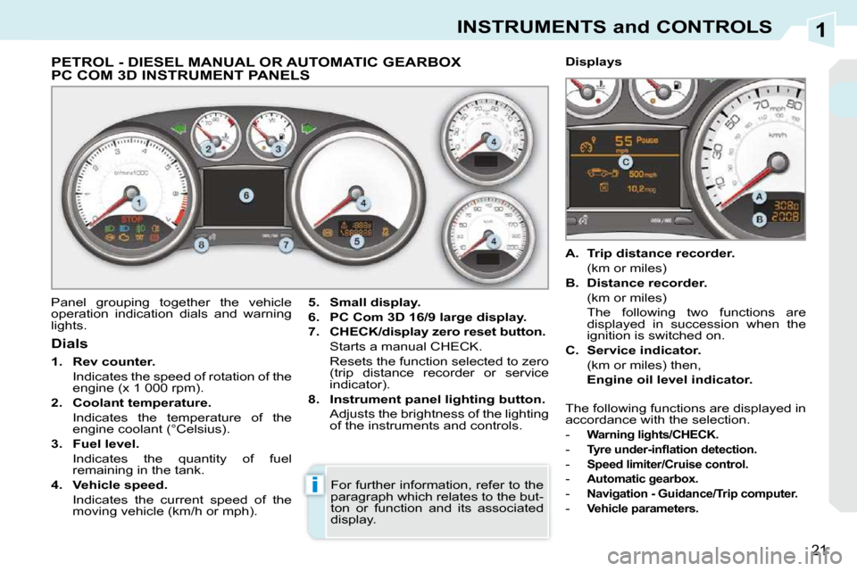 Peugeot 308 CC 2009 User Guide 1
i
21
INSTRUMENTS and CONTROLS
             PETROL - DIESEL MANUAL OR AUTOMATIC GEARBOX PC COM 3D INSTRUMENT PANELS 
 Panel  grouping  together  the  vehicle  
operation  indication  dials  and  warn