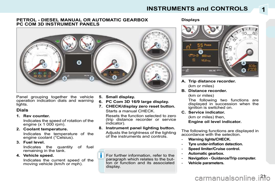 Peugeot 308 CC 2009  Owners Manual 1
i
21
INSTRUMENTS and CONTROLS
             PETROL - DIESEL MANUAL OR AUTOMATIC GEARBOX PC COM 3D INSTRUMENT PANELS 
 Panel  grouping  together  the  vehicle  
operation  indication  dials  and  warn