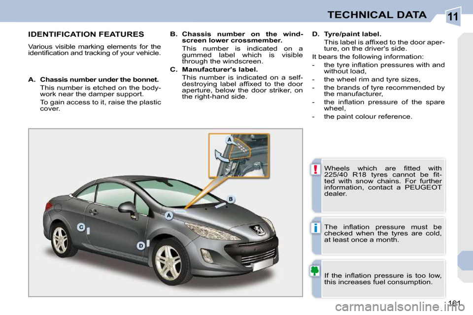 Peugeot 308 CC 2009  Owners Manual 11
!
i
161
TECHNICAL DATA
                   IDENTIFICATION FEATURES 
 Various  visible  marking  elements  for  the  
�i�d�e�n�t�i�ﬁ� �c�a�t�i�o�n� �a�n�d� �t�r�a�c�k�i�n�g� �o�f� �y�o�u�r� �v�e�h�