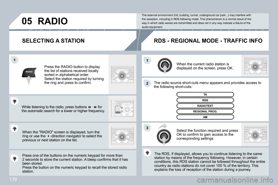 Peugeot 308 CC 2009  Owners Manual 178
RADIO
�1�1
�2
3
�0�5
  SELECTING A STATION 
 When the current radio station is displayed on the screen, press OK. 
 The radio source short-cuts menu appears and providesovides access to �t�h�e� �f