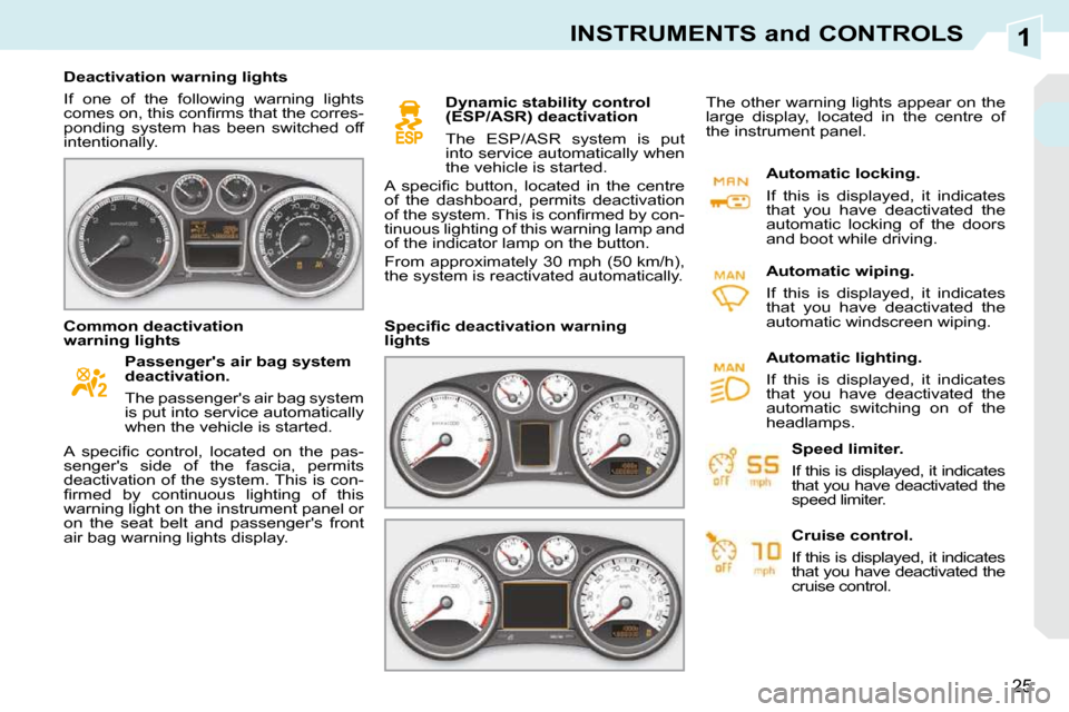 Peugeot 308 CC 2009  Owners Manual 1
25
INSTRUMENTS and CONTROLS
   Deactivation warning lights  
 If  one  of  the  following  warning  lights  
�c�o�m�e�s� �o�n�,� �t�h�i�s� �c�o�n�ﬁ� �r�m�s� �t�h�a�t� �t�h�e� �c�o�r�r�e�s�-
pondin