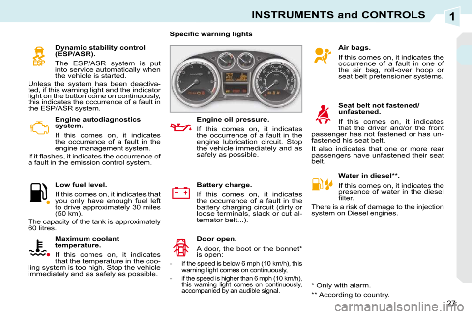 Peugeot 308 CC 2009  Owners Manual 1
27
INSTRUMENTS and CONTROLS
   Engine autodiagnostics  
system.  
 If  this  comes  on,  it  indicates  
the  occurrence  of  a  fault  in  the 
 engine management system. 
� �I�f� �i�t� �ﬂ� �a�s�