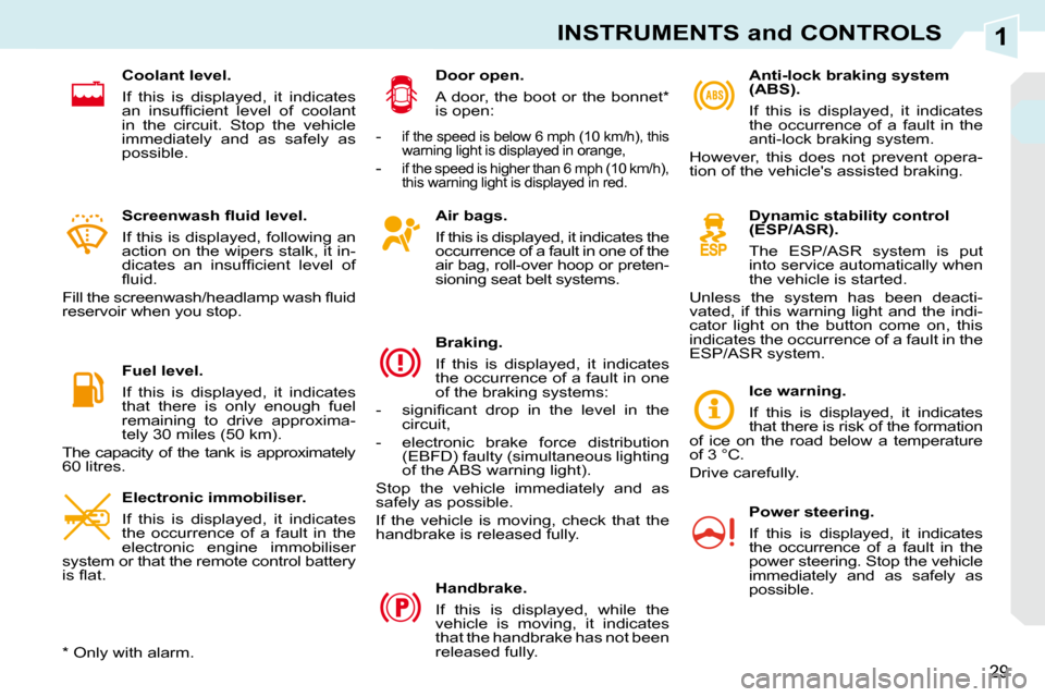 Peugeot 308 CC 2009  Owners Manual 1
29
INSTRUMENTS and CONTROLS
  Air bags.  
  If this is displayed, it indicates the  
occurrence of a fault in one of the 
air bag, roll-over hoop or preten-
sioning seat belt systems.   
  Braking. 