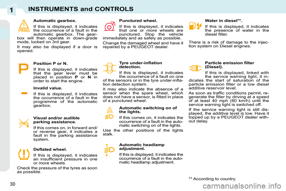 Peugeot 308 CC 2009  Owners Manual 1
AUTO
PRND
30
INSTRUMENTS and CONTROLS
   Water in diesel ** .  
 If  this  is  displayed,  it  indicates  
the  presence  of  water  in  the 
�d�i�e�s�e�l� �ﬁ� �l�t�e�r�.� 
 There  is  a  risk  of