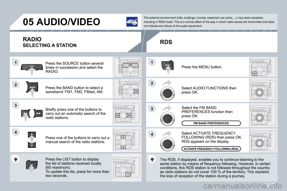 Peugeot 308 CC 2009  Owners Manual 259
MENU
ESC
MENU LIST
ESC
MENU LIST
ESC
MENU LIST
�0�5
�1�1
�2�2
�3�3
�4�4
�2�2
�4�4
�3�3
�1�1
� � � � � �A�U�D�I�O�/�V�I�D�E�O� 
� �R�A�D�I�O
� �S�E�L�E�C�T�I�N�G� �A� �S�T�A�T�I�O�N� 
 Press the SO