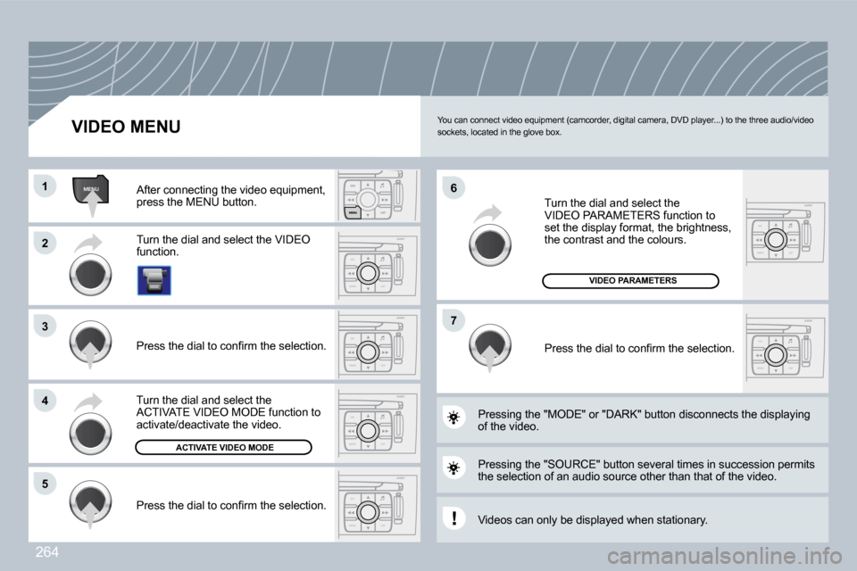 Peugeot 308 CC 2009  Owners Manual 264
ESC
MENU LIST
MENU
ESC
MENU LIST
ESC
MENU LIST
ESC
MENU LIST
ESC
MENU LIST
ESC
MENU LIST
�1�1
�2�2
�3�3
�4�4
�5�5
�7�7
�6�6
� �Y�o�u� �c�a�n� �c�o�n�n�e�c�t� �v�i�d�e�o� �e�q�u�i�p�m�e�n�t� �(�c�a