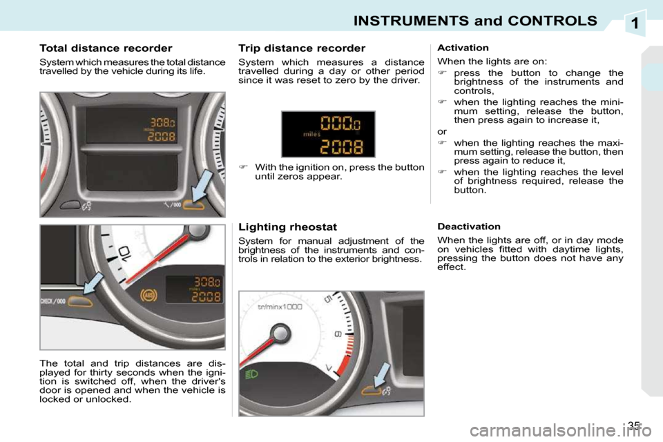 Peugeot 308 CC 2009  Owners Manual 1
35
INSTRUMENTS and CONTROLS
  Total distance recorder  
 System which measures the total distance  
travelled by the vehicle during its life.   Lighting rheostat  
 System  for  manual  adjustment  