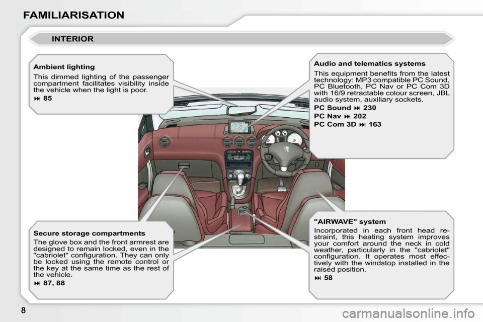 Peugeot 308 CC 2009  Owners Manual FAMILIARISATION  Ambient lighting  
 This  dimmed  lighting  of  the  passenger  
compartment  facilitates  visibility  inside 
the vehicle when the light is poor.  
  
 
�   85    
  "AIRWAVE" sys