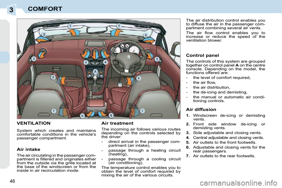 Peugeot 308 CC 2009  Owners Manual 3
46
COMFORT
       VENTILATION 
 System  which  creates  and  maintains  
comfortable  conditions  in  the  vehicles 
passenger compartment.   Air treatment  
 The incoming air follows various route