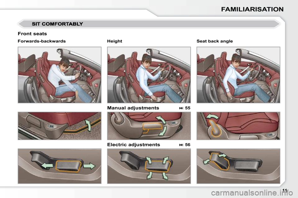 Peugeot 308 CC 2009  Owners Manual FAMILIARISATION
  Front seats 
  Manual adjustments  
  Electric adjustments 
  Forwards-backwards  
  
 
�   55    
  
 
�   56     Seat back angle   
  Height                 