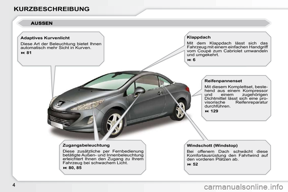 Peugeot 308 CC 2009  Betriebsanleitung (in German) KURZBESCHREIBUNG  Zugangsbeleuchtung  
 Diese  zusätzliche  per  Fernbedienung  
betätigte Außen- und Innenbeleuchtung 
erleichtert  Ihnen  den  Zugang  zu  Ihrem 
Fahrzeug bei schwachem Licht.  
 