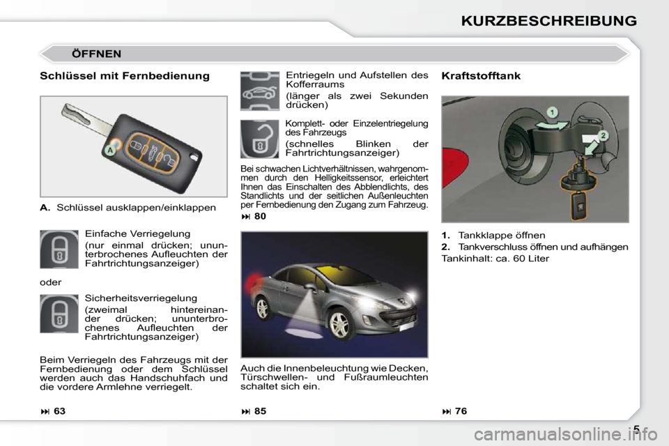Peugeot 308 CC 2009  Betriebsanleitung (in German) KURZBESCHREIBUNG
  Schlüssel mit Fernbedienung  
   
A.    Schlüssel ausklappen/einklappen  
 Einfache Verriegelung   
(nur  einmal  drücken;  unun- 
�t�e�r�b�r�o�c�h�e�n�e�s� �A�u�ﬂ� �e�u�c�h�t�