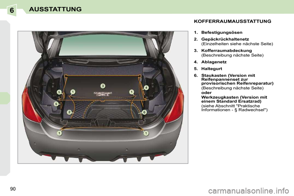 Peugeot 308 CC 2009  Betriebsanleitung (in German) 6
�9�0
AUSSTATTUNG
           KOFFERRAUMAUSSTATTUNG 
   
1.     Befestigungsösen   
  
2.     Gepäckrückhaltenetz     
�  �(�E�i�n�z�e�l�h�e�i�t�e�n� �s�i�e�h�e� �n�ä�c�h�s�t�e� �S�e�i�t�e�)�  
  