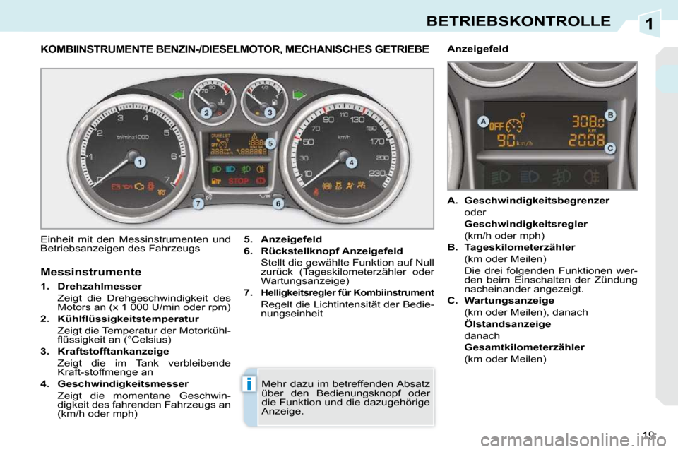 Peugeot 308 CC 2009  Betriebsanleitung (in German) 1
i
19
BETRIEBSKONTROLLE
             KOMBIINSTRUMENTE BENZIN-/DIESELMOTOR, MECHANISCHES GETRIEBE 
 Einheit  mit  den  Messinstrumenten  und  
Betriebsanzeigen des Fahrzeugs   
5.     Anzeigefeld   
 