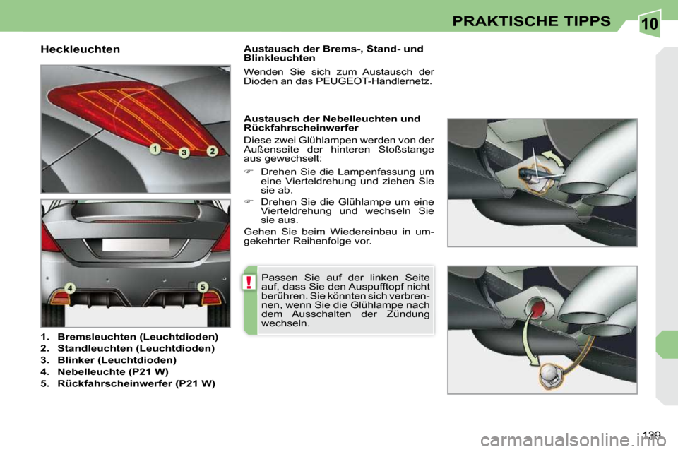 Peugeot 308 CC 2009  Betriebsanleitung (in German) 10
!
139
PRAKTISCHE TIPPS
  Heckleuchten  
   
1.     Bremsleuchten (Leuchtdioden)   
  
2.     Standleuchten (Leuchtdioden)   
  
3.     Blinker (Leuchtdioden)   
  
4.     Nebelleuchte (P21 W)   
  