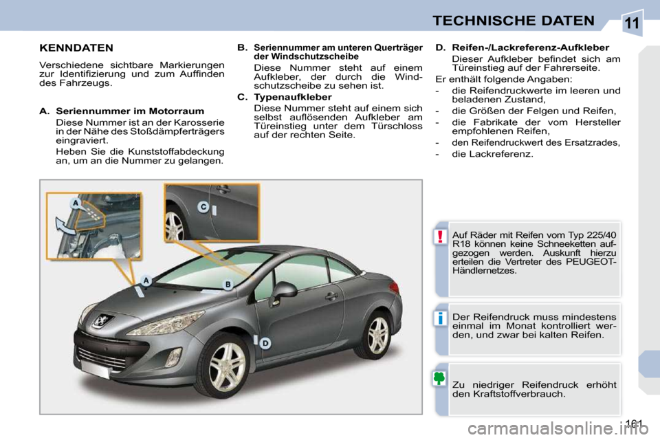 Peugeot 308 CC 2009  Betriebsanleitung (in German) 11
!
i
161
TECHNISCHE DATEN
                   KENNDATEN 
 Verschiedene  sichtbare  Markierungen  
�z�u�r�  �I�d�e�n�t�i�ﬁ� �z�i�e�r�u�n�g�  �u�n�d�  �z�u�m�  �A�u�f�ﬁ� �n�d�e�n� 
des Fahrzeugs.  