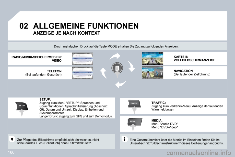 Peugeot 308 CC 2009  Betriebsanleitung (in German) 166
�0�2
SETUP
MEDIA
TRAFFIC
�A�L�L�G�E�M�E�I�N�E� �F�U�N�K�T�I�O�N�E�N� � 
� �E�i�n�e� �G�e�s�a�m�t�ü�b�e�r�s�i�c�h�t� �ü�b�e�r� �d�i�e� �M�e�n�ü�s� �i�m� �E�i�n�z�e�l�n�e�n� �ﬁ� �n�d�e�n� �S�i�