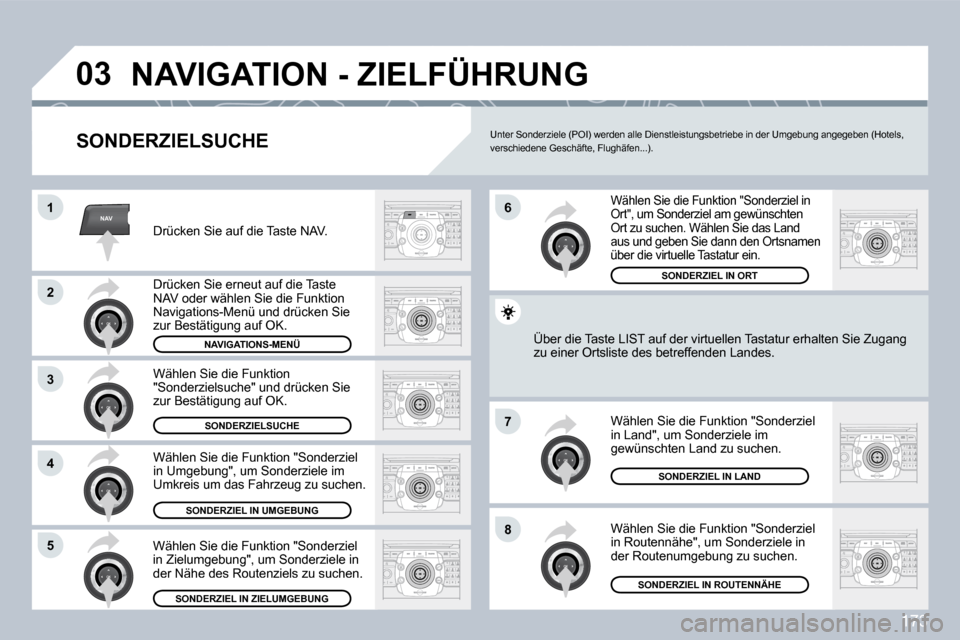 Peugeot 308 CC 2009  Betriebsanleitung (in German) 173
NAV
�0�3
�1
�2
3
�4
�7
�8�5
�6
� �N�A�V�I�G�A�T�I�O�N� �-� �Z�I�E�L�F�Ü�H�R�U�N�G� 
� � �S�O�N�D�E�R�Z�I�E�L�S�U�C�H�E� 
 Drücken Sie auf die Taste NAV. 
 Drücken Sie erneut auf die Taste NAV o