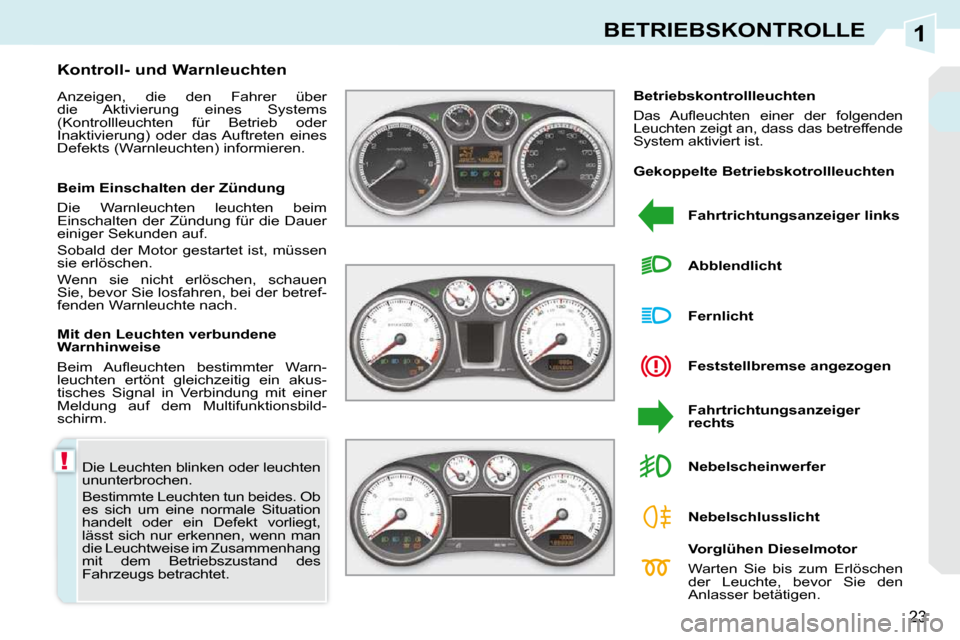 Peugeot 308 CC 2009  Betriebsanleitung (in German) 1
!
23
BETRIEBSKONTROLLE
 Die Leuchten blinken oder leuchten  
ununterbrochen.  
 Bestimmte Leuchten tun beides. Ob  
es  sich  um  eine  normale  Situation 
handelt  oder  ein  Defekt  vorliegt, 
lä