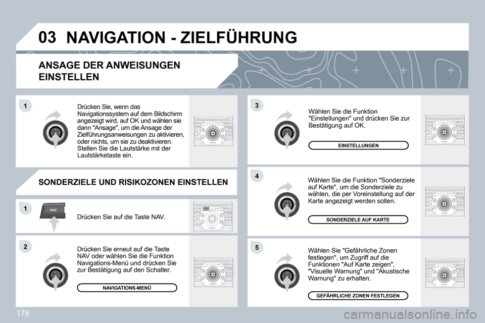 Peugeot 308 CC 2009  Betriebsanleitung (in German) 176
�0�3
�5
3
�4
NAV�1
�2
�1
  ANSAGE DER ANWEISUNGEN 
EINSTELLEN 
 Wählen Sie "Gefährliche Zonen festlegen", um Zugriff auf die Funktionen "Auf Karte zeigen", "Visuelle Warnung" und "Akustische War