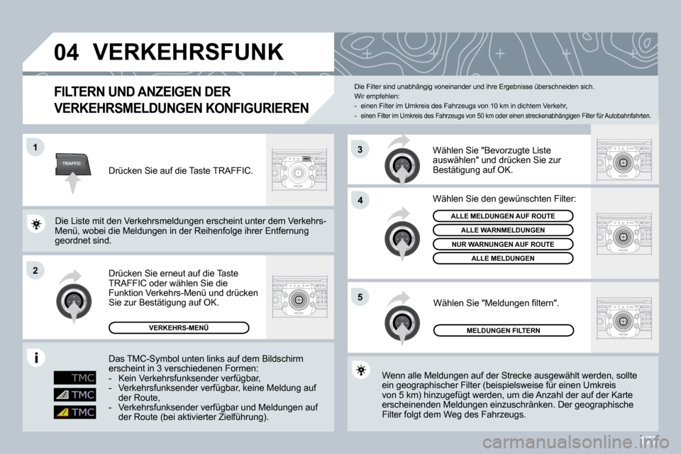 Peugeot 308 CC 2009  Betriebsanleitung (in German) 177
TRAFFIC
�0�4
�1
�2
�4
�5
3
�V�E�R�K�E�H�R�S�F�U�N�K� 
� � �F�l�L�T�E�R�N� �U�N�D� �A�N�Z�E�I�G�E�N� �D�E�R� 
�V�E�R�K�E�H�R�S�M�E�L�D�U�N�G�E�N� �K�O�N�F�I�G�U�R�I�E�R�E�N� 
 Wenn alle Meldungen a