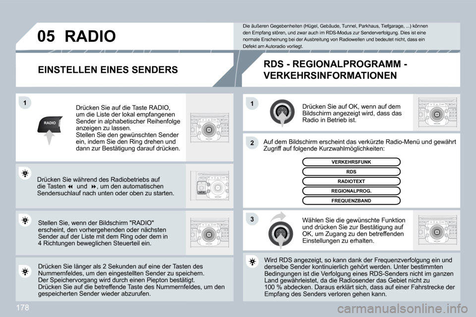 Peugeot 308 CC 2009  Betriebsanleitung (in German) 178
RADIO
�1�1
�2
3
�0�5
  EINSTELLEN EINES SENDERS 
 Drücken Sie auf OK, wenn auf dem Bildschirm angezeigt wird, dass das Radio in Betrieb ist. 
 Auf dem Bildschirm erscheint das verkürzte Radio-Me