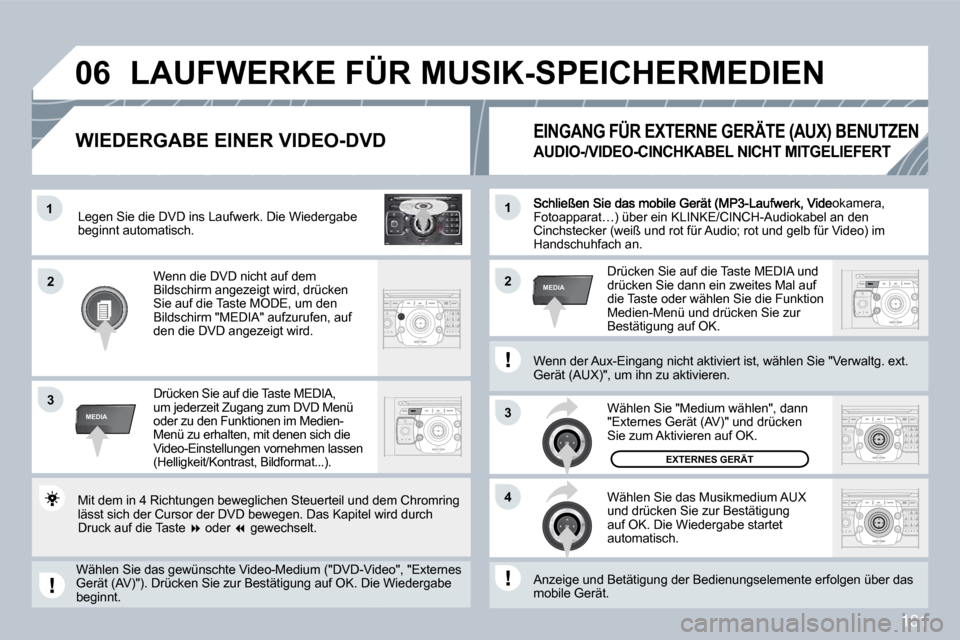 Peugeot 308 CC 2009  Betriebsanleitung (in German) 181
2
ABC 3
DEF
5
JKL
4
GHI 6
MNO
8
TUV
7
PQRS 9
WXYZ
0
* #
1
RADIO MEDIA
NAV ESC TRAFFIC
SETUP
ADDR BOOK�1
3
�4
�0�6
�2�2
3
MEDIA
�1
MEDIA
Videokamera, Fotoapparat…) über ein KLINKE/CINCH-Audiokab