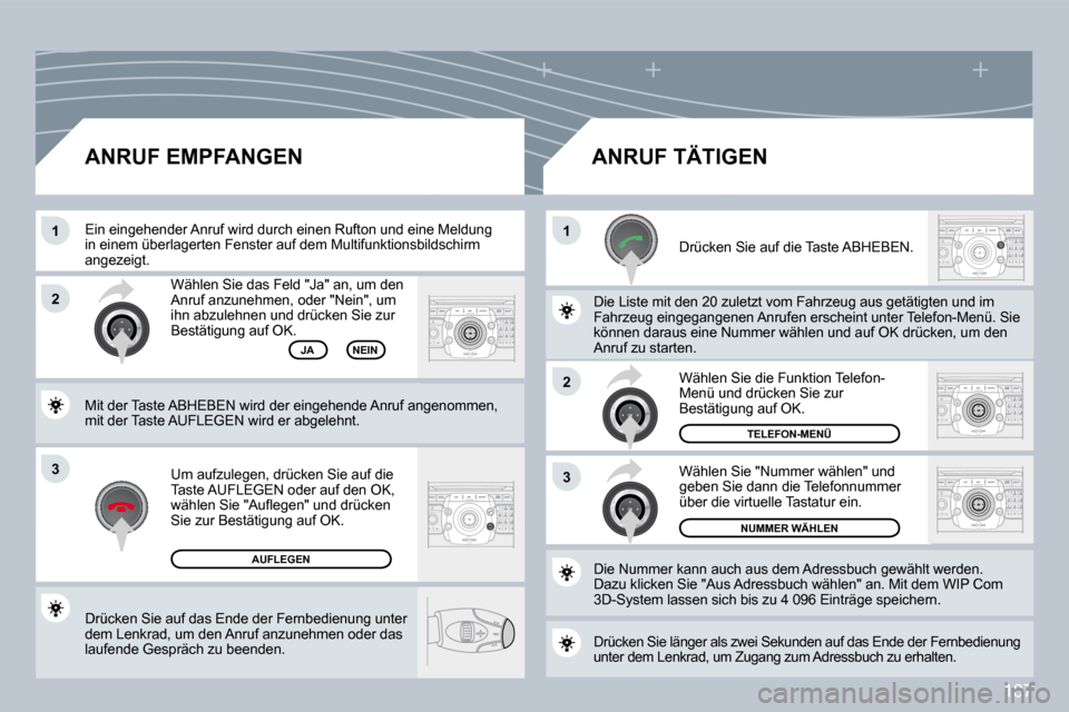 Peugeot 308 CC 2009  Betriebsanleitung (in German) 187
3
�1�1
�2
3
�2
 Drücken Sie auf das Ende der Fernbedienung unter dem Lenkrad, um den Anruf anzunehmen oder das laufende Gespräch zu beenden.  
 Wählen Sie das Feld "Ja" an, um den Anruf anzuneh