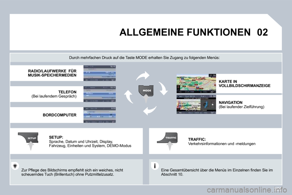 Peugeot 308 CC 2009  Betriebsanleitung (in German) 205
�0�2       ALLGEMEINE FUNKTIONEN 
� �E�i�n�e� �G�e�s�a�m�t�ü�b�e�r�s�i�c�h�t� �ü�b�e�r� �d�i�e� �M�e�n�ü�s� �i�m� �E�i�n�z�e�l�n�e�n� �ﬁ� �n�d�e�n� �S�i�e� �i�m� Abschnitt 10.  
  Durch mehrf