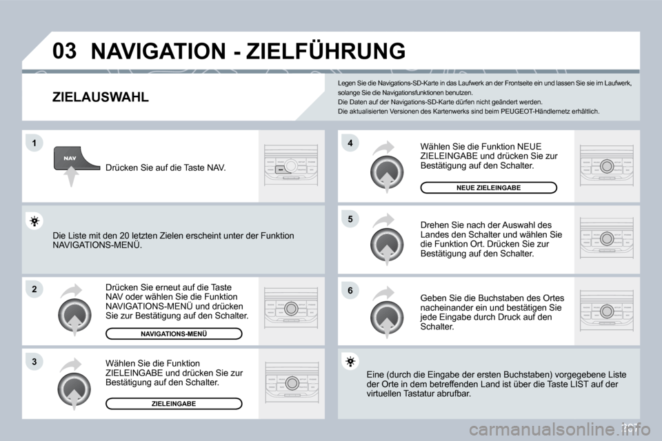 Peugeot 308 CC 2009  Betriebsanleitung (in German) 207
�0�3
�1
�2
�3
�6
�5
�4
� � � � � � � � � � � �N�A�V�I�G�A�T�I�O�N� �-� �Z�I�E�L�F�Ü�H�R�U�N�G� 
� � �Z�I�E�L�A�U�S�W�A�H�L� 
 Drücken Sie erneut auf die Taste NAV oder wählen Sie die Funktion N