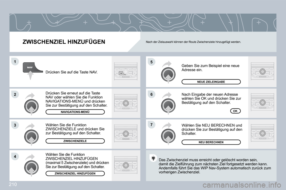 Peugeot 308 CC 2009  Betriebsanleitung (in German) 210
�5
�6
�7
�1
�2
�3
�4
� � �Z�W�I�S�C�H�E�N�Z�I�E�L� �H�I�N�Z�U�F�Ü�G�E�N� 
 Geben Sie zum Beispiel eine neue Adresse ein. 
 Nach Eingabe der neuen Adresse wählen Sie OK und drücken Sie zur Best