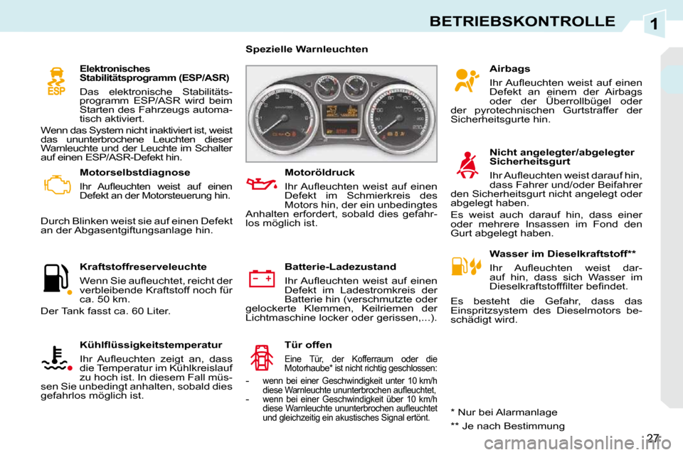 Peugeot 308 CC 2009  Betriebsanleitung (in German) 1
27
BETRIEBSKONTROLLE
   Motorselbstdiagnose  
 
�I�h�r�  �A�u�ﬂ� �e�u�c�h�t�e�n�  �w�e�i�s�t�  �a�u�f�  �e�i�n�e�n�  
Defekt an der Motorsteuerung hin. 
 Durch Blinken weist sie auf einen Defekt 
