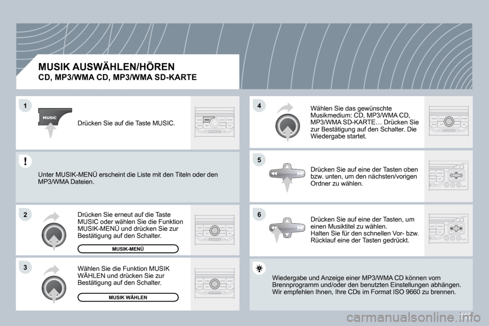 Peugeot 308 CC 2009  Betriebsanleitung (in German) 217
�1
�2
�3
�5
�4
�6
� � �M�U�S�I�K� �A�U�S�W�Ä�H�L�E�N�/�H�Ö�R�E�N� � 
�C�D�,� �M�P�3�/�W�M�A� �C�D�,� �M�P�3�/�W�M�A� �S�D�-�K�A�R�T�E� 
 Wiedergabe und Anzeige einer MP3/WMA CD können vnnen vom