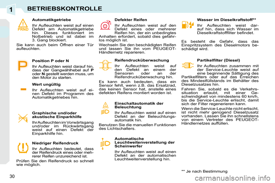 Peugeot 308 CC 2009  Betriebsanleitung (in German) 1
AUTO
PRND
30
BETRIEBSKONTROLLE
   Wasser im Dieselkraftstoff **   
� �I�h�r�  �A�u�ﬂ� �e�u�c�h�t�e�n�  �w�e�i�s�t�  �d�a�r�- 
auf  hin,  dass  sich  Wasser  im 
�D�i�e�s�e�l�k�r�a�f�t�s�t�o�f�f�