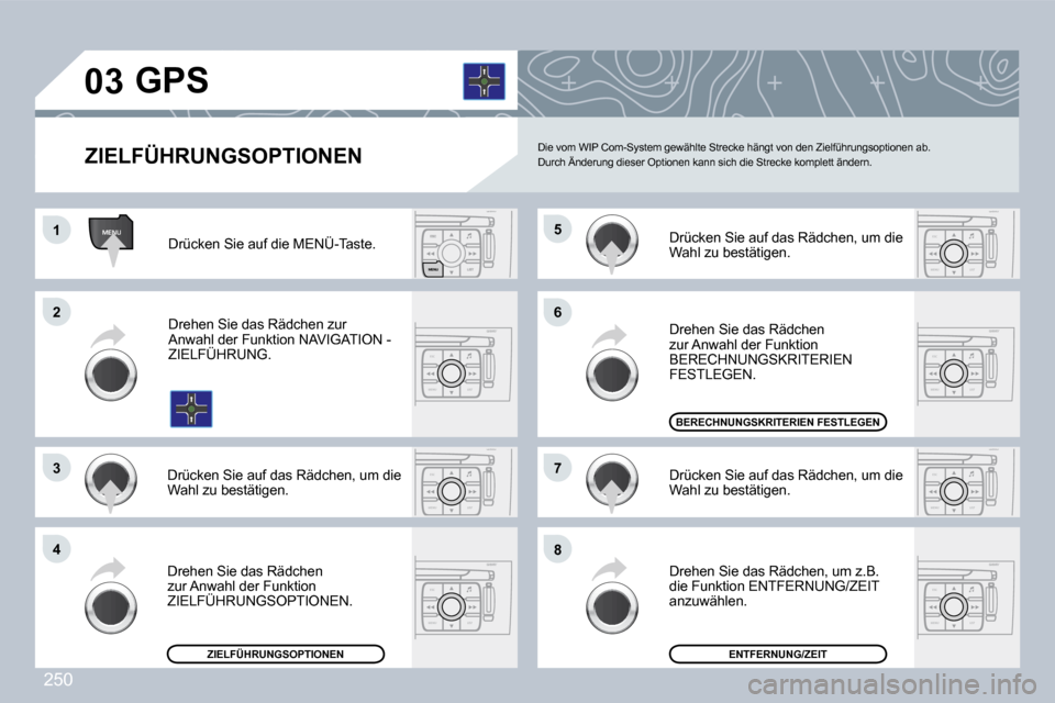 Peugeot 308 CC 2009  Betriebsanleitung (in German) 250
ESC
MENU LIST
ESC
MENU LIST
ESC
MENU LIST
ESC
MENU LIST
MENU
ESC
MENU LIST
ESC
MENU LIST
ESC
MENU LIST
�0�3
�1�1
�2�2
�3�3
�4�4
�6�6
�8�8
�7�7
�5�5
� � �Z�I�E�L�F�Ü�H�R�U�N�G�S�O�P�T�I�O�N�E�N� 
