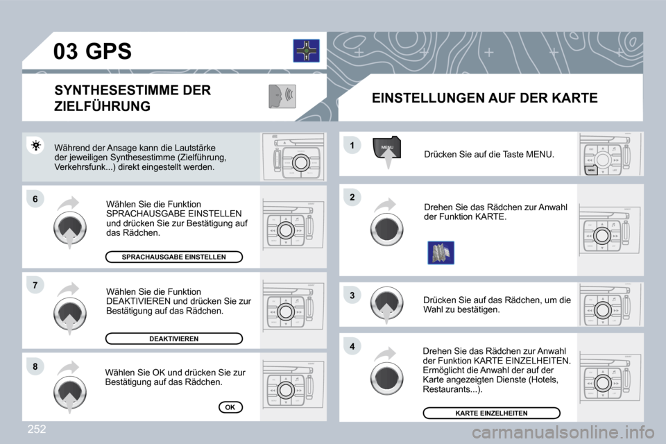 Peugeot 308 CC 2009  Betriebsanleitung (in German) 252
ESC
MENU LIST
ESC
MENU LIST
MENU
ESC
MENU LIST
ESC
MENU LIST
S
O S SOU R CE
MODE B AND TP T
A Y
DARK
ESC
MENU LIST
ESC
MENU LIST
�0�3
�6�6
�7�7
�8�8
�2�2
�4�4
�3�3
�1�1 Drücken Sie auf die Taste 