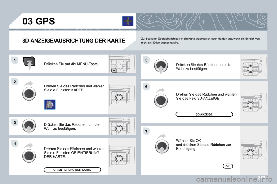 Peugeot 308 CC 2009  Betriebsanleitung (in German) 253
ESC
MENU LIST
MENU
ESC
MENU LIST
ESC
MENU LIST
ESC
MENU LIST
ESC
MENU LIST
ESC
MENU LIST
�0�3
�1�1
�2�2
�3�3
�4�4
�6�6
�7�7
�5�5
 Zur besseren Übersicht richtet sich die Karte auto matisch nach N