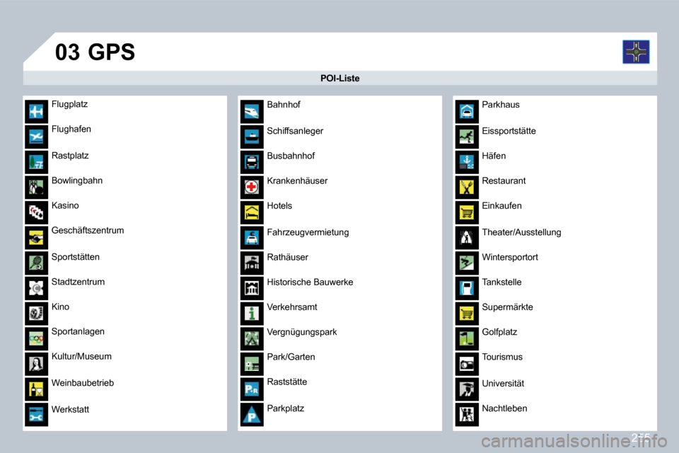 Peugeot 308 CC 2009  Betriebsanleitung (in German) 255
�0�3
� � � � �P�O�I�-�L�i�s�t�e� � 
� �G�P�S� 
Flugplatz
 Flughafen 
 Rastplatz 
 Bowlingbahn 
 Kasino 
 Geschäftszentrum 
 Sportstätten 
 Stadtzentrum 
 Kino 
 Sportanlagen 
 Kultur/Museum 
 We