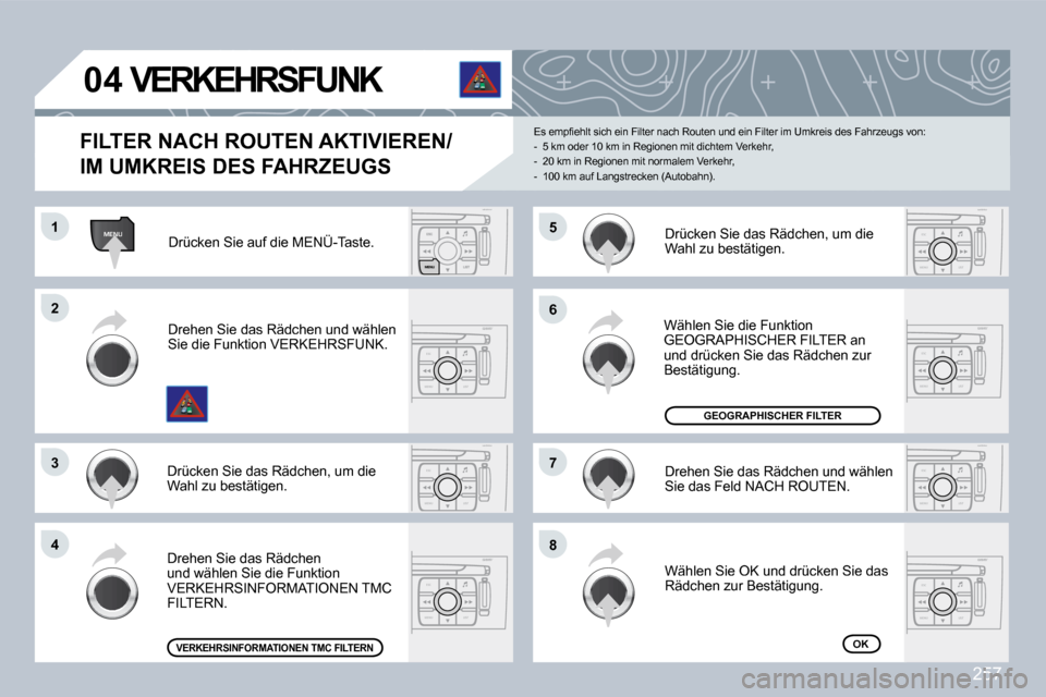 Peugeot 308 CC 2009  Betriebsanleitung (in German) 257
MENU
ESC
MENU LIST
ESC
MENU LIST
ESC
MENU LIST
ESC
MENU LIST
ESC
MENU LISTESC
MENU LIST
ESC
MENU LIST
�0�4
�1�1
�2�2
�3�3
�4�4
�6�6
�8�8
�7�7
�5�5
� � �F�I�L�T�E�R� �N�A�C�H� �R�O�U�T�E�N� �A�K�T�