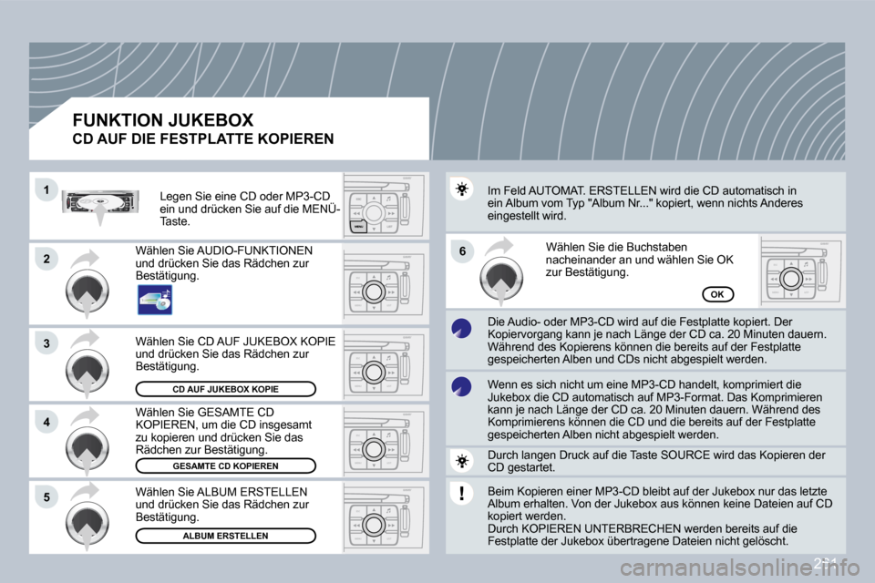 Peugeot 308 CC 2009  Betriebsanleitung (in German) 261
ESC
MENU LIST
ESC
MENU LIST
ESC
MENU LIST
ESC
MENU LIST
ESC
MENU LIST
�1�1
�2�2
�3�3
�5�5
�6�6
�4�4
�C�D� �A�U�F� �J�U�K�E�B�O�X� �K�O�P�I�E
�G�E�S�A�M�T�E� �C�D� �K�O�P�I�E�R�E�N
�A�L�B�U�M� �E�R