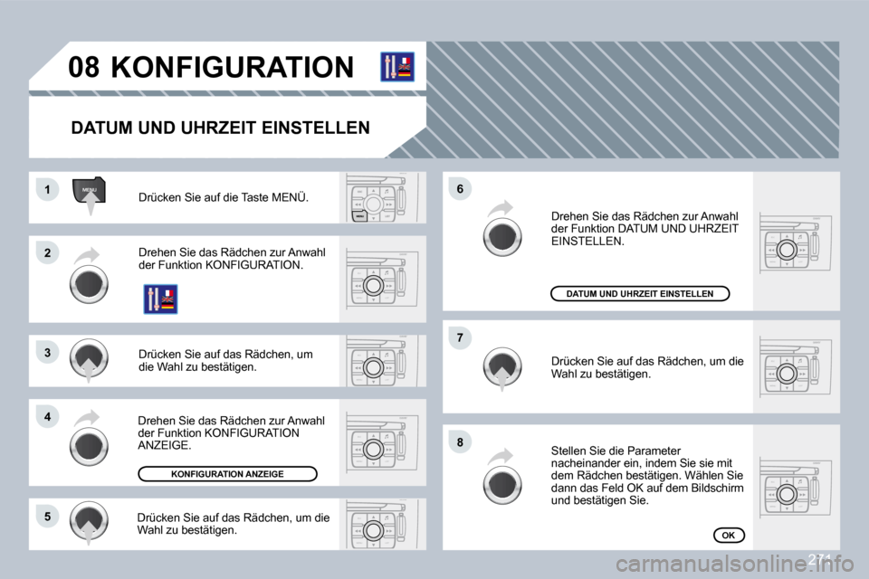Peugeot 308 CC 2009  Betriebsanleitung (in German) 271
ESC
MENU LIST
ESC
MENU LIST
ESC
MENU LIST
ESC
MENU LIST
MENU
ESC
MENU LIST
ESC
MENU LIST
ESC
MENU LIST
�0�8
�1�1
�2�2
�3�3
�4�4
�7�7
�8�8
�6�6
�5�5
� � � � � � � �K�O�N�F�I�G�U�R�A�T�I�O�N� 
� � �
