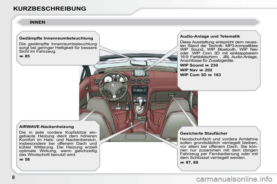 Peugeot 308 CC 2009  Betriebsanleitung (in German) KURZBESCHREIBUNG  Gedämpfte Innenraumbeleuchtung  
 Die  gedämpfte  Innenraumbeleuchtung  
sorgt bei geringer Helligkeit für bessere 
Sicht im Fahrzeug.  
  
 
�   85    
  AIRWAVE-Nackenheizung