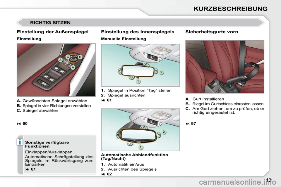 Peugeot 308 CC 2009  Betriebsanleitung (in German) i
KURZBESCHREIBUNG
 RICHTIG SITZEN 
  Einstellung der Außenspiegel  
  Einstellung    Sonstige verfügbare  
Funktionen  
 Einklappen/Ausklappen  
 Automatische  Schrägstellung  des  
Spiegels  im  