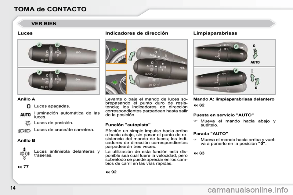 Peugeot 308 CC 2009  Manual del propietario (in Spanish) TOMA de CONTACTO
� �V�E�R� �B�I�E�N� 
  Luces  
  Anillo A  
  Anillo B � �L�e�v�a�n�t�e�  �o�  �b�a�j�e�  �e�l�  �m�a�n�d�o�  �d�e�  �l�u�c�e�s�  �s�o�- 
brepasando  el  punto  duro  de  resis-
tenci