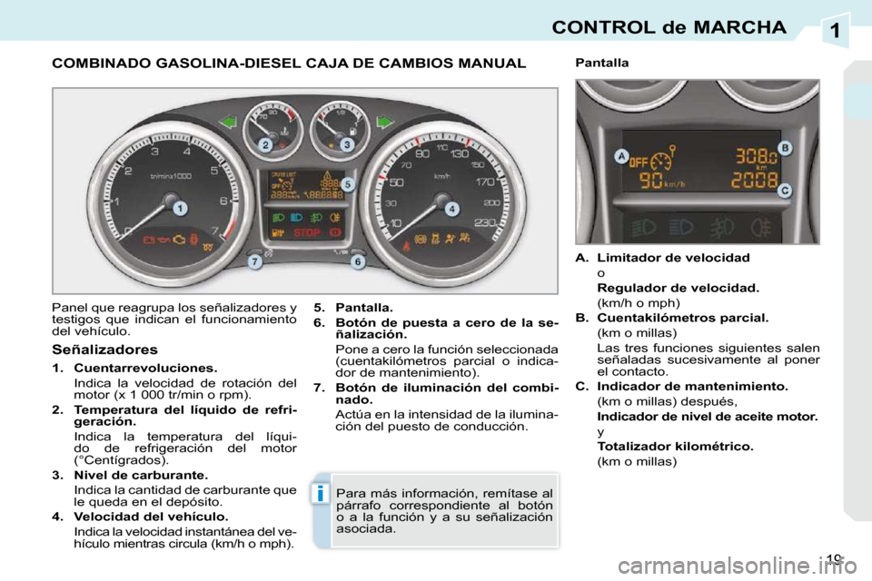 Peugeot 308 CC 2009  Manual del propietario (in Spanish) 1
i
19
CONTROL de MARCHA
             COMBINADO GASOLINA-DIESEL CAJA DE CAMBIOS MANUAL 
 Panel que reagrupa los señalizadores y  
testigos  que  indican  el  funcionamiento 
del vehículo.   
5.     