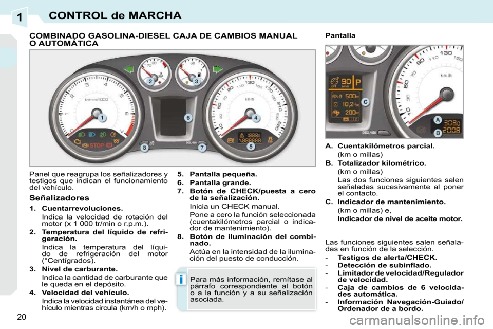 Peugeot 308 CC 2009  Manual del propietario (in Spanish) 1
i
20
CONTROL de MARCHA
             COMBINADO GASOLINA-DIESEL CAJA DE CAMBIOS MANUALO AUTOMÁTICA 
 Panel que reagrupa los señalizadores y  
testigos  que  indican  el  funcionamiento 
del vehícul