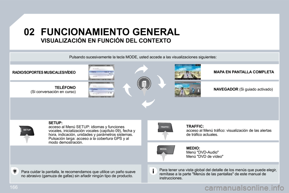 Peugeot 308 CC 2009  Manual del propietario (in Spanish) 166
�0�2
SETUP
MEDIA
TRAFFIC
       FUNCIONAMIENTO GENERAL  
 Para tener una vista global del detalle de los menús que puede elegir, remítase a la parte "Menús de las pantallas" de est e manual de 