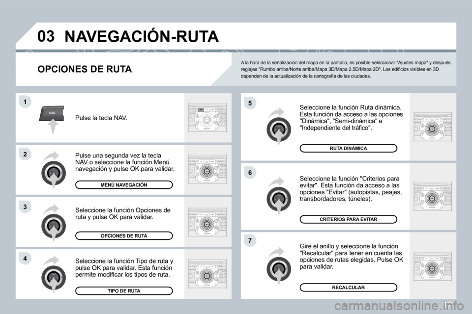 Peugeot 308 CC 2009  Manual del propietario (in Spanish) 171
NAV
�0�3
�5
�6
�7
�1
�2
3
�4
� �N�A�V�E�G�A�C�I�Ó�N�-�R�U�T�A� 
  OPCIONES DE RUTA 
 Seleccione la función Ruta dinámica.  Esta función da acceso a las opciones "Dinámica", "Semi-dinámica" e
