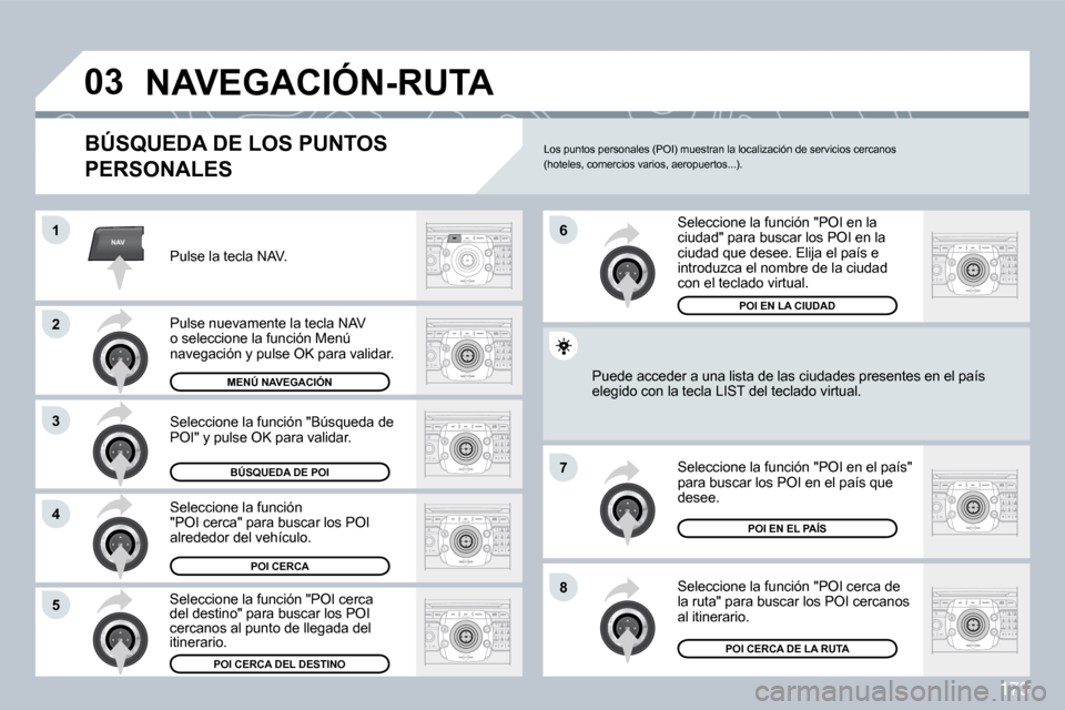Peugeot 308 CC 2009  Manual del propietario (in Spanish) 173
NAV
�0�3
�1
�2
3
�4
�7
�8�5
�6
� �N�A�V�E�G�A�C�I�Ó�N�-�R�U�T�A� 
� � �B�Ú�S�Q�U�E�D�A� �D�E� �L�O�S� �P�U�N�T�O�S� 
PERSONALES 
 Pulse la tecla NAV. 
 Pulse nuevamente la tecla NAV o seleccione