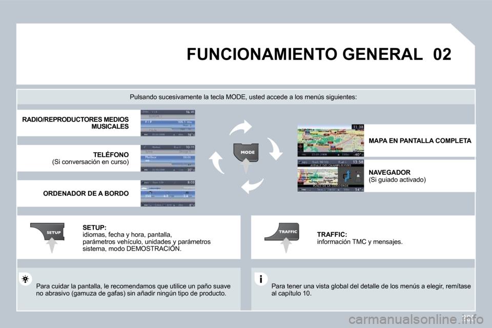 Peugeot 308 CC 2009  Manual del propietario (in Spanish) 205
�0�2       FUNCIONAMIENTO GENERAL 
 Para tener una vista global del detalle de los menús a elegir, remítase al capítulo 10.  
  Pulsando sucesivamente la tecla MODE, usted acced e a los menús 